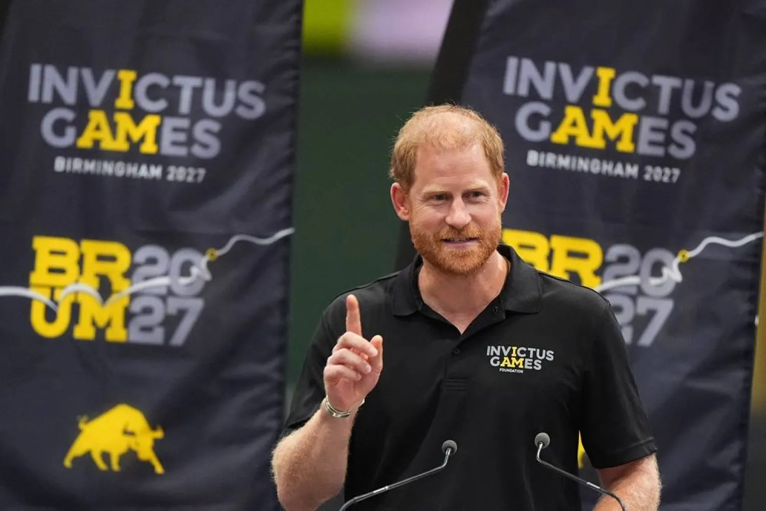 Britain's Prince Harry speaks at the National Exhibition Centre (NEC), the primary venue for the 2027 Invictus Games, as it marks one year until the event, in Marston Green, near Birmingham, Britain, July 10, 2026. (Aaron Chown/Pool via Reuters) 