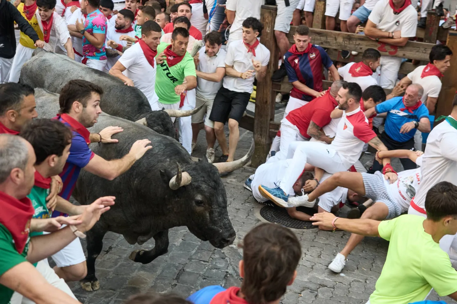 11 July 2026, Spain, Pamplona: The fifth bull run of the 2026 San Fermin Festival. Photo: Eduardo Sanz/EUROPA PRESS/dpa