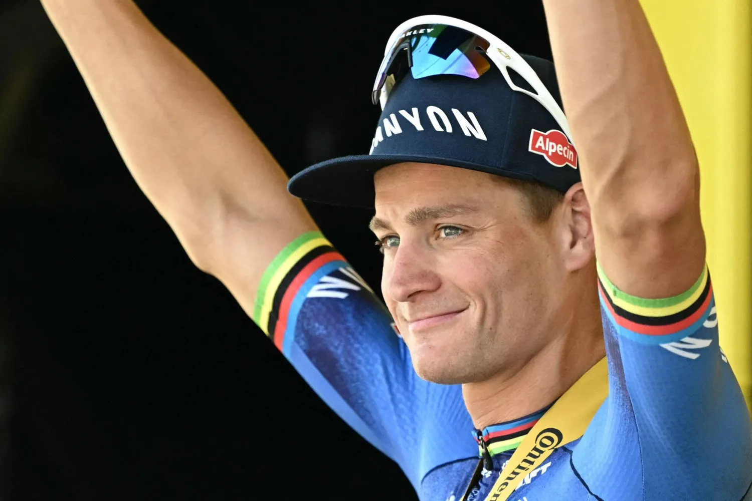 Alpecin - Premier Tech team's Dutch rider Mathieu van der Poel celebrates on the podium after winning the 9th stage of the 113th edition of the Tour de France cycling race, 154,6 km between Malemort and Ussel in central France, on July 12, 2026. (Photo by Loic VENANCE / AFP)