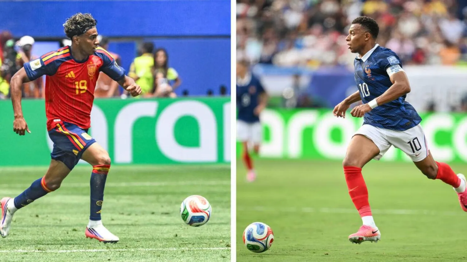 Lamine Yamal and Kylian Mbappe are on a World Cup collision course as Spain take on France in the semi-finals on Tuesday. Patrick T. FALLON, Angela WEISS / AFP
