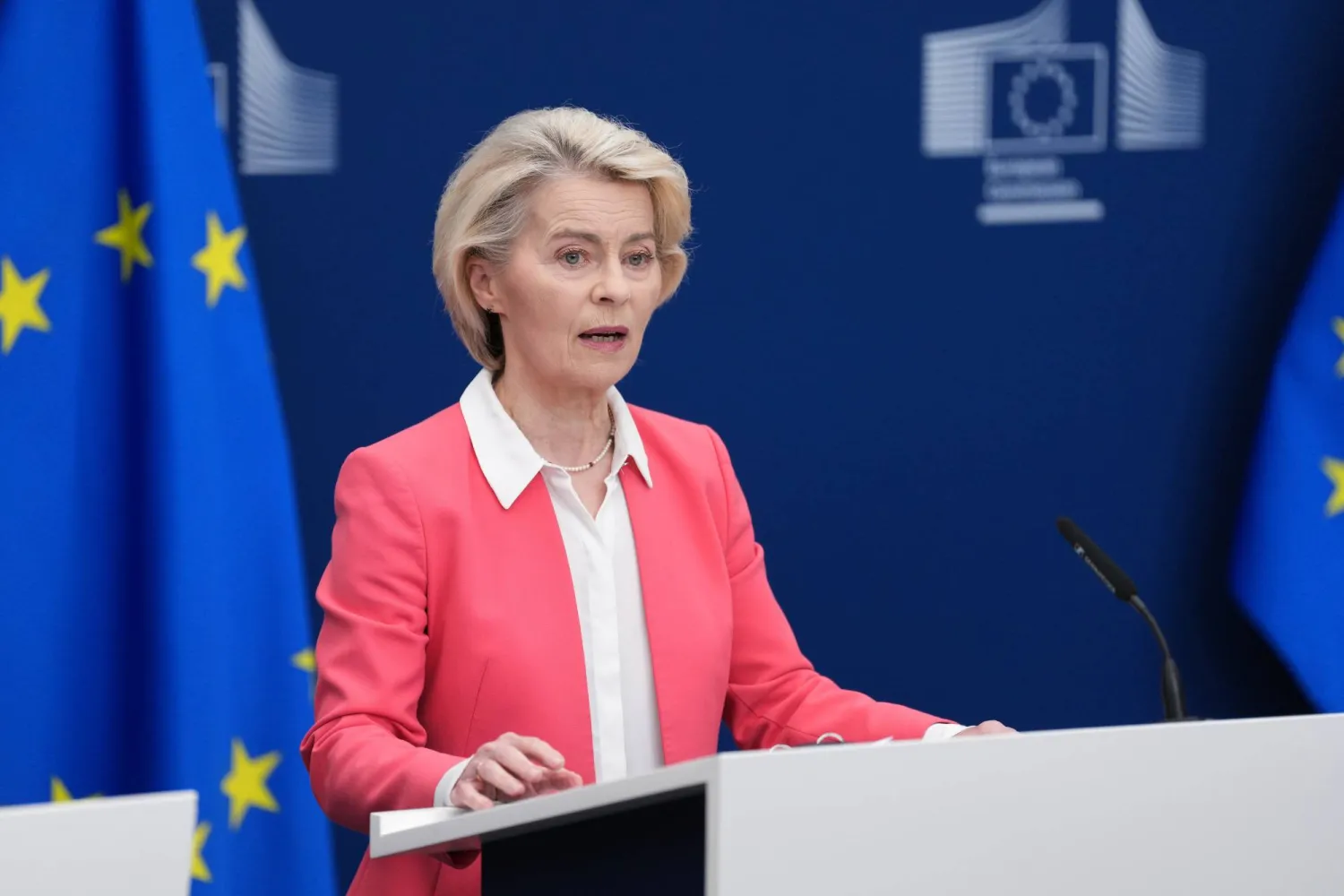 European Commission President Ursula von der Leyen speaks during a report on children's safety online at EU headquarters in Brussels, Monday, July 13, 2026. (AP Photo/Marius Burgelman)