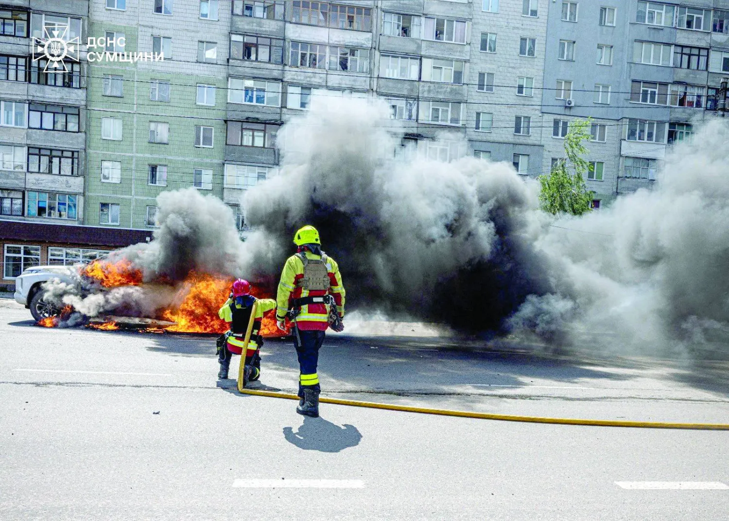 Firefighters work at a site of a Russian air strike, amid Russia's attack on Ukraine, in Sumy, Ukraine in this handout picture released July 11, 2026. Press service of the State Emergency Service of Ukraine in Sumy region/Handout via REUTERS  