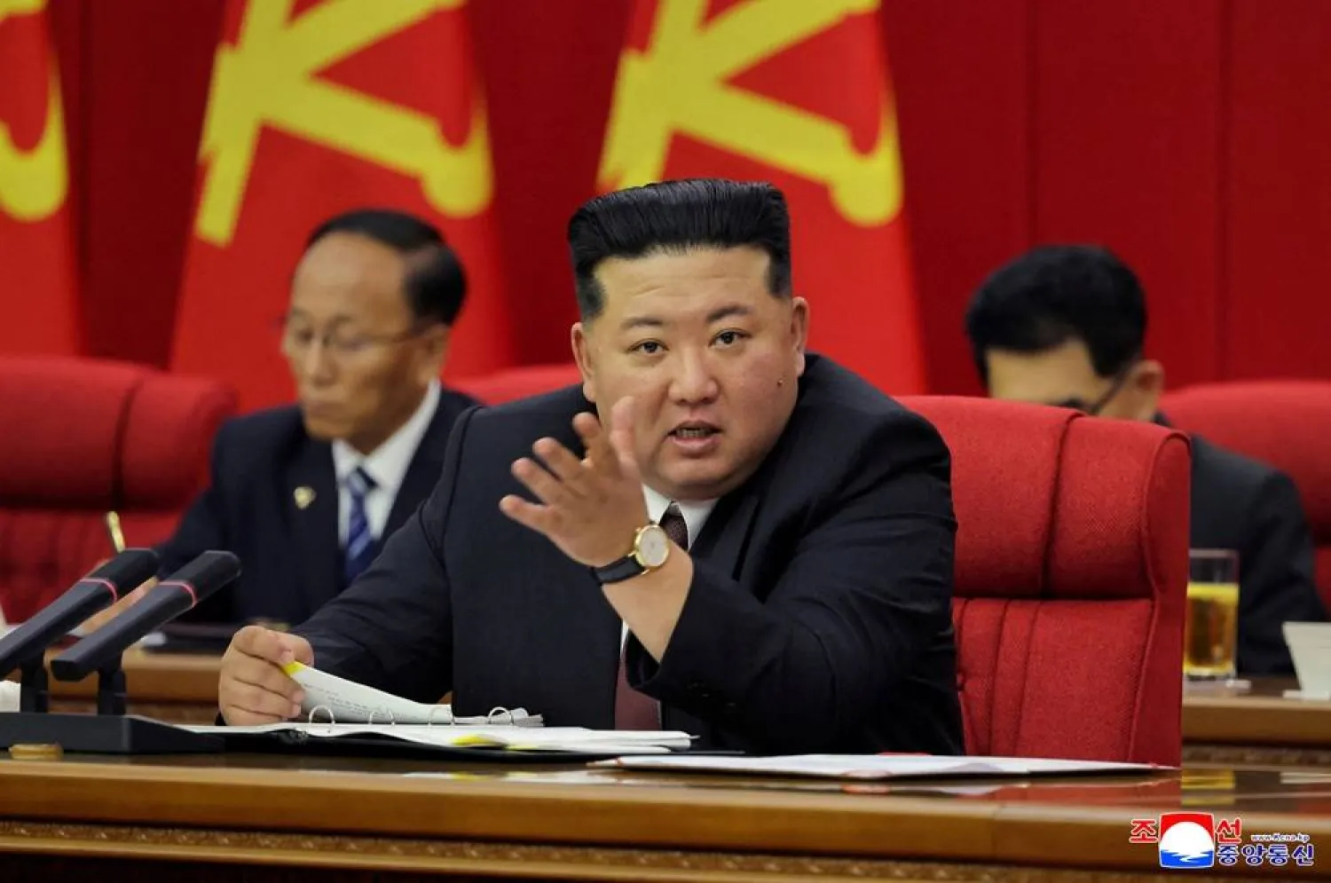 North Korean leader Kim Jong Un speaks during the second plenary meeting of the Ninth Central Committee of the Workers' Party of Korea (WPK), in Pyongyang, North Korea, in this picture released June 23, 2026, by North Korea's official Korean Central News Agency. (KCNA via Reuters)