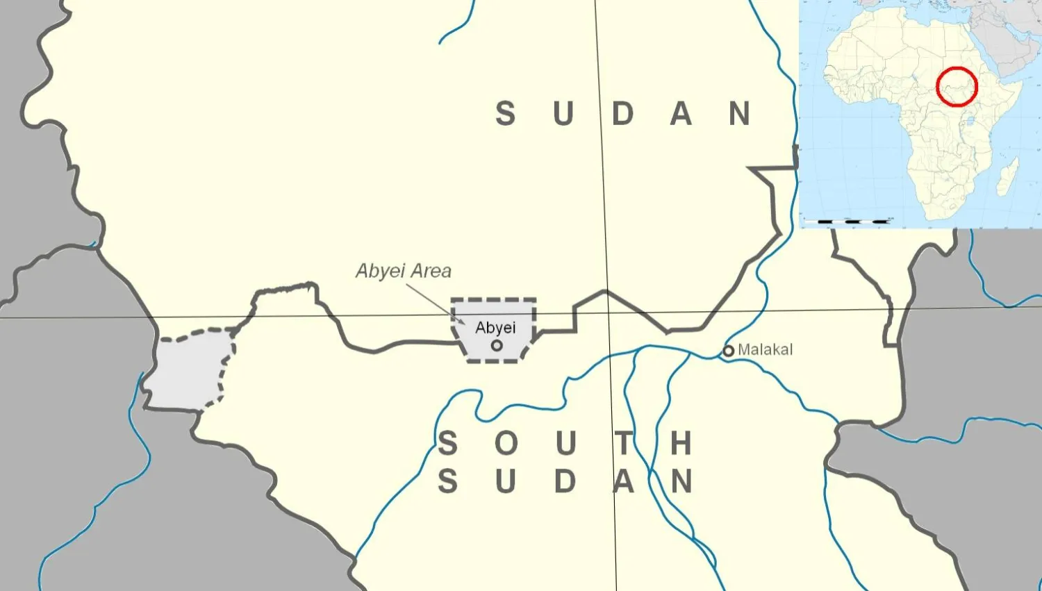 خريطة توضح الموقع الجغرافي لمنطقة أبيي المتنازع عليها بين السودان وجنوب السودان (الأمم المتحدة – UNISFA)