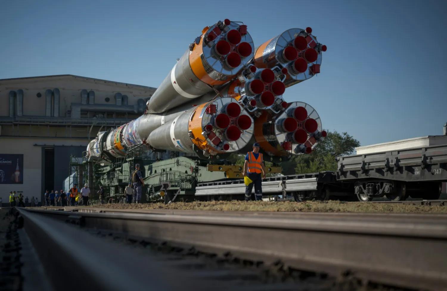 The Soyuz rocket is rolled out by train to the launch pad, Saturday, July 11, 2026, at Site 31 of the Baikonur Cosmodrome in Kazakhstan. (Bill Ingalls/NASA via AP)