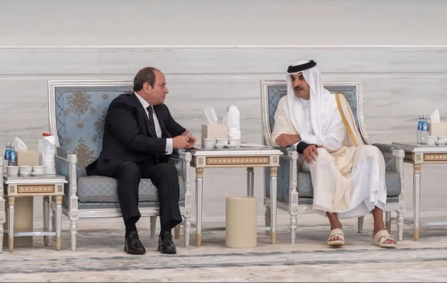 Egyptian President Abdel Fattah al-Sisi visits Qatar and meets Emir Sheikh Tamim bin Hamad Al Thani on Tuesday. Egyptian Presidency/Handout