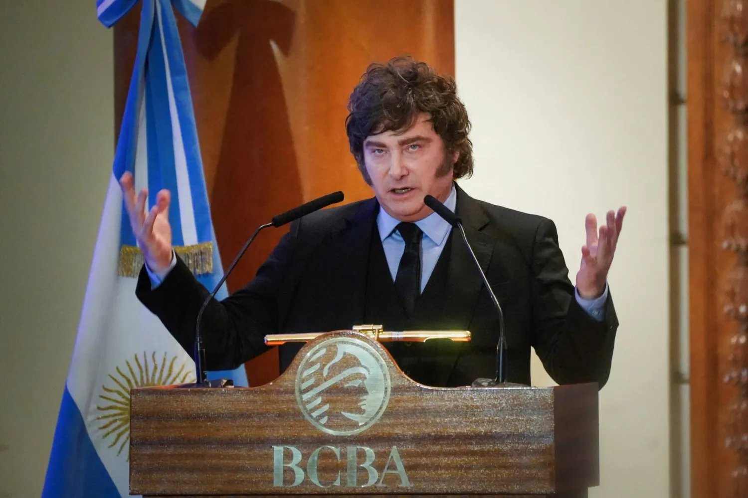 Argentine President Javier Milei gestures as he speaks during a ceremony commemorating the 172nd anniversary of the Buenos Aires Stock Exchange in Buenos Aires, Argentina, July 16, 2026. REUTERS/Mariana Nedelcu