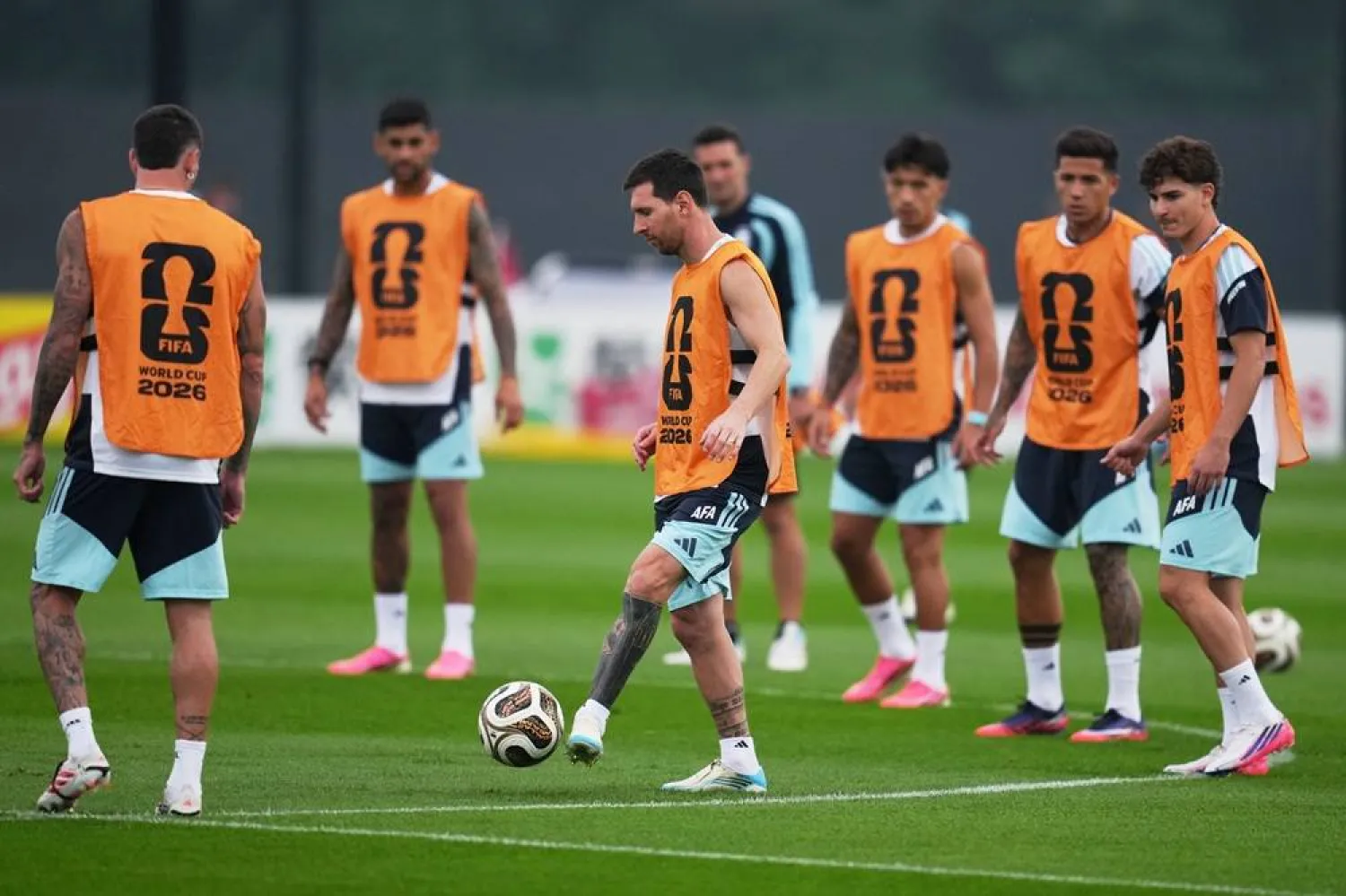  Argentina's Lionel Messi kicks the ball during a training session on the eve of the World Cup final match in Morristown, NJ, Saturday, July 18, 2026. (AP) 
