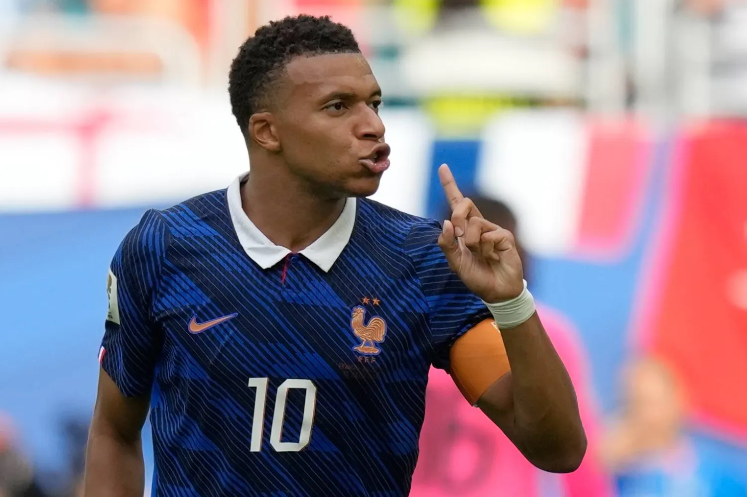 France's Kylian Mbappé (10) reacts after scoring his side's third goal during the World Cup third-place playoff match between France and England in Miami Gardens, Fla., Saturday, July 18, 2026. (AP) 