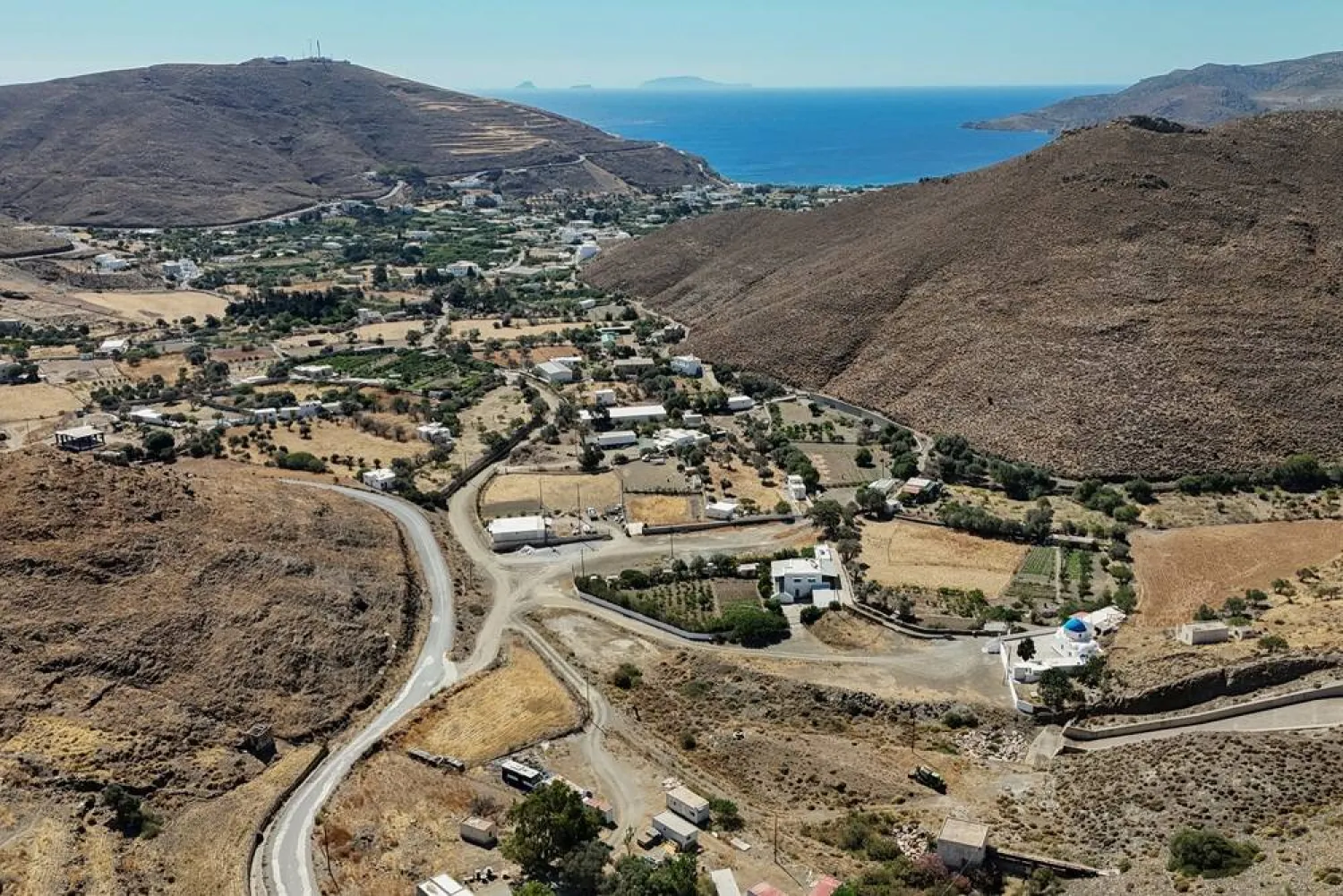 A drone view of one of the two fertile regions on the island, the dried-up village of Livadi on the island of Astypalaia, Greece, July 13, 2026. (Reuters)