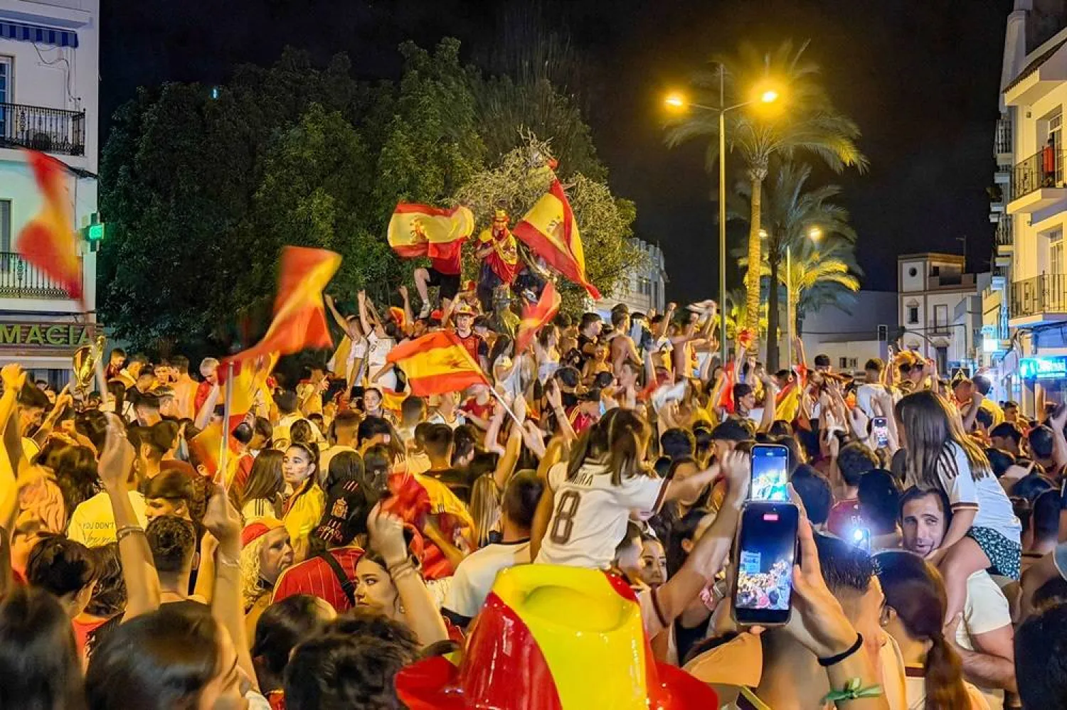Supporters of Spain gather and celebrate after winning the FIFA World Cup 2026 final match between Spain and Argentina in Los Palacios, Seville, Spain, 19 July 2026. (EPA)
