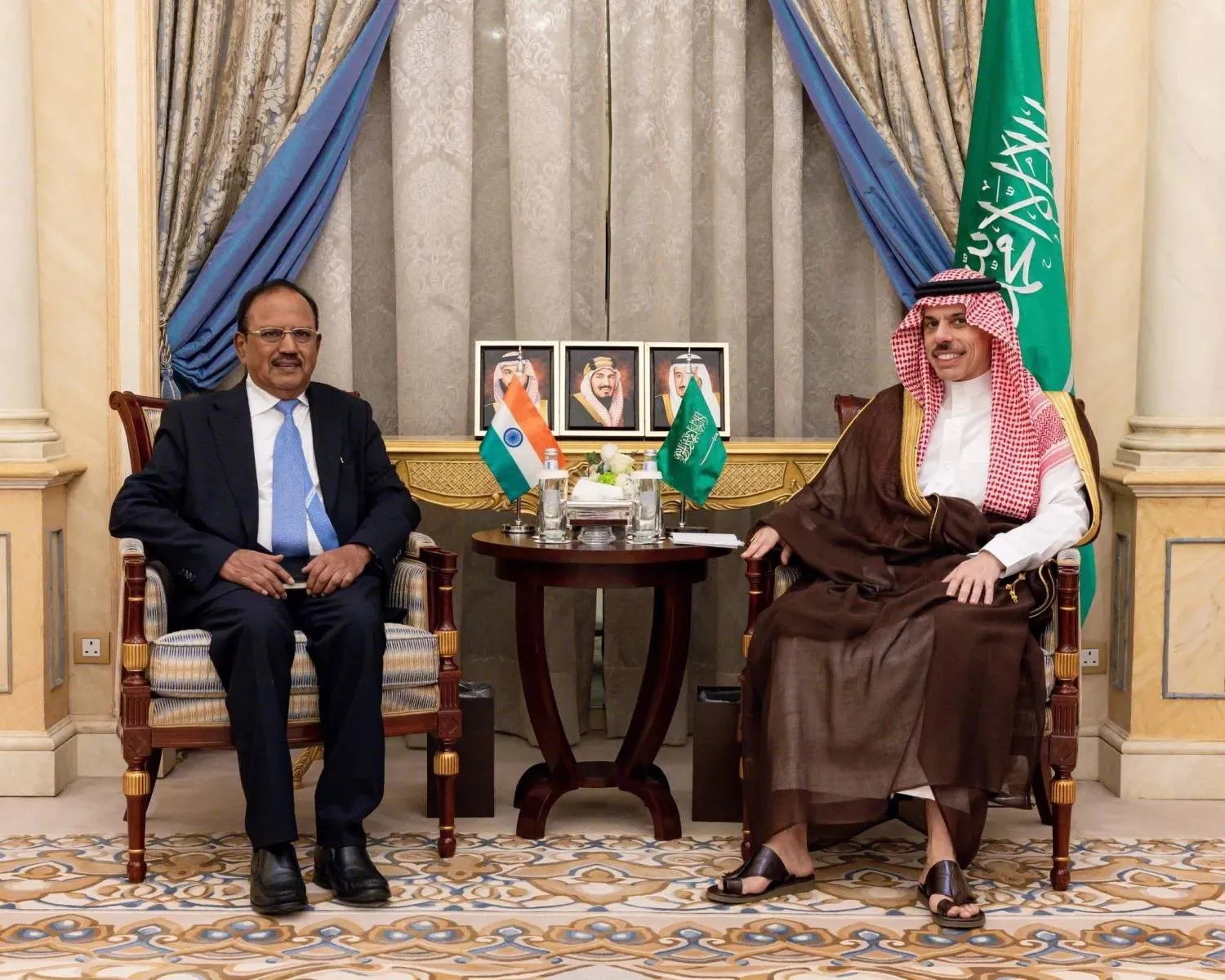 Saudi Foreign Minister Prince Faisal bin Farhan bin Abdullah and Indian National Security Advisor Ajit Doval meet in Riyadh on Monday. (SPA)