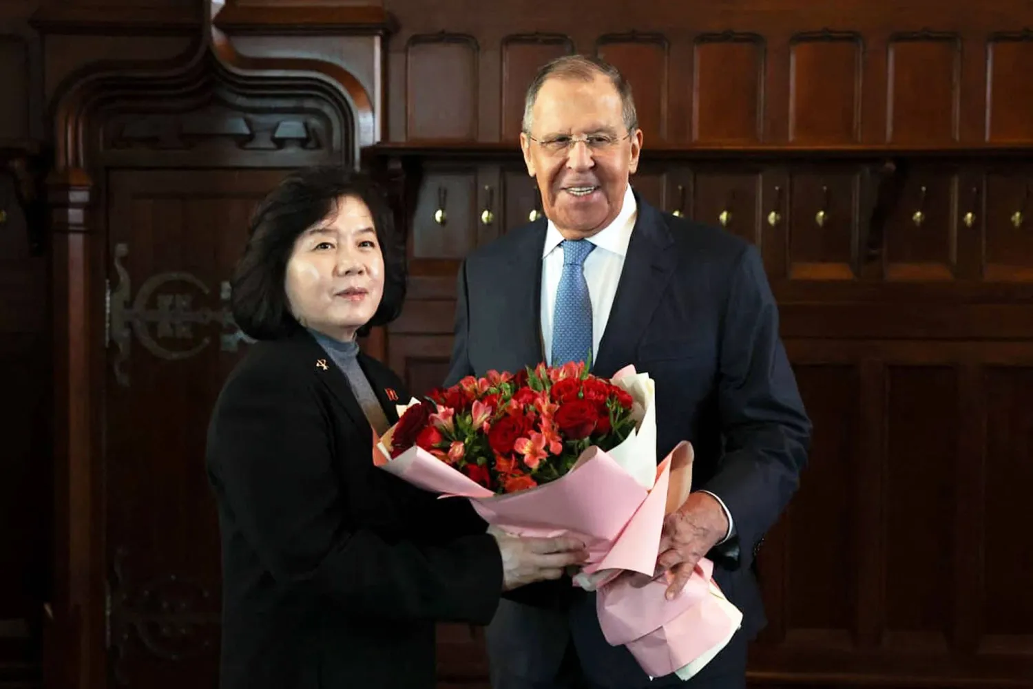 In this photograph released by the Russian Foreign Ministry, Russia's Foreign Minister Sergei Lavrov (R) welcomes North Korea's Foreign Minister Choe Son-hui ahead of a meeting in Moscow on July 20, 2026. (Handout /Russian Foreign Ministry / AFP) 