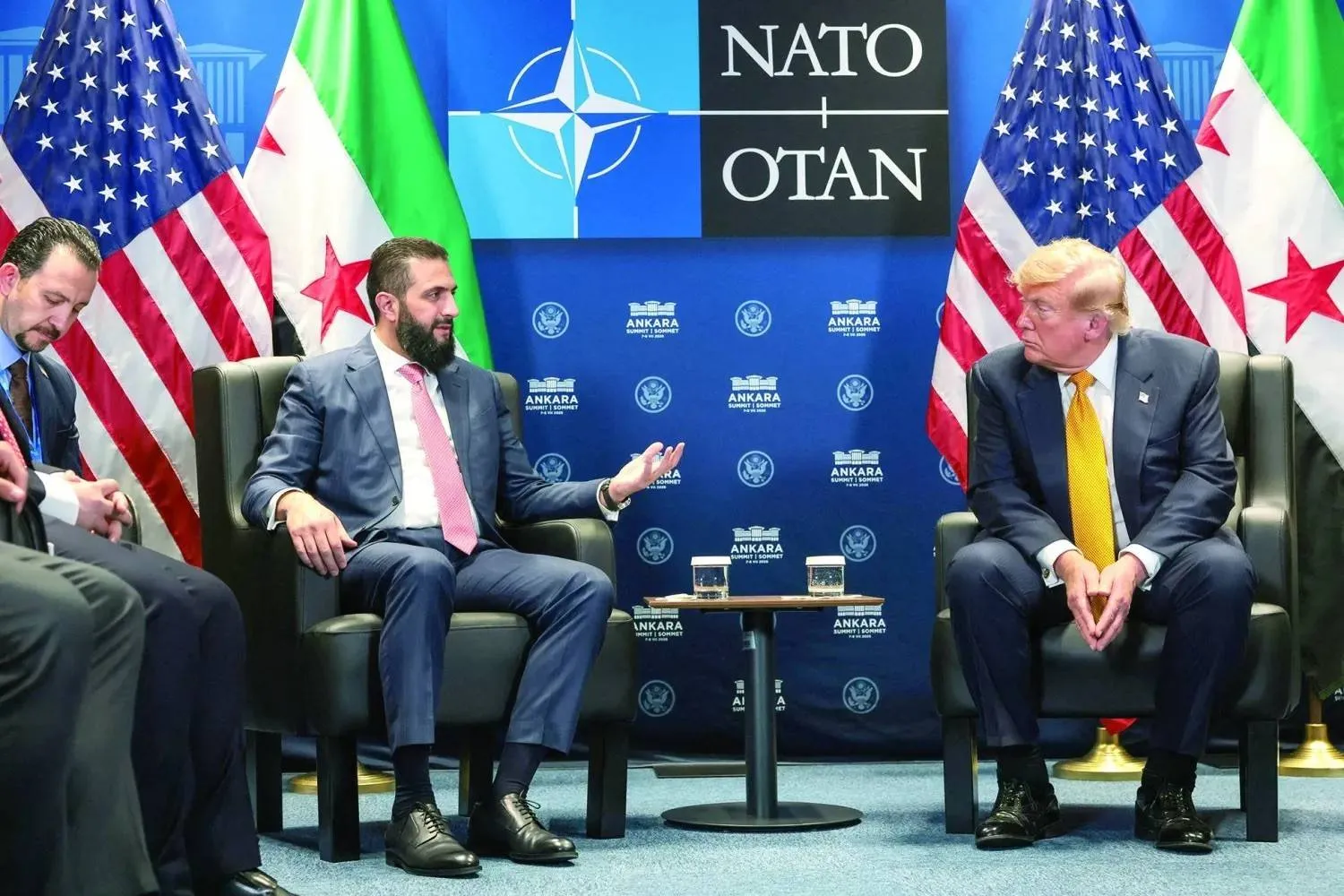 US President Donald Trump meets Syrian President Ahmed al-Sharaa during a bilateral meeting on the sidelines of the NATO Leaders’ Summit at the Bestepe Presidential Complex in Ankara on July 8 (Reuters). 