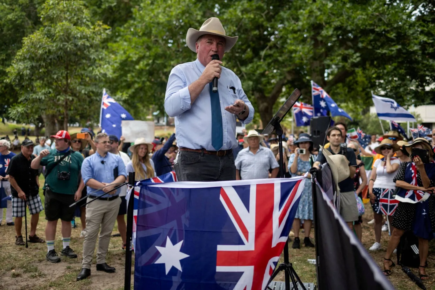 FILE PHOTO: Barnaby Joyce, former deputy prime minister, speaks at a 'Put Australia First' rally, in Sydney, Australia, December 21, 2025. REUTERS/Eloisa Lopez/File Photo