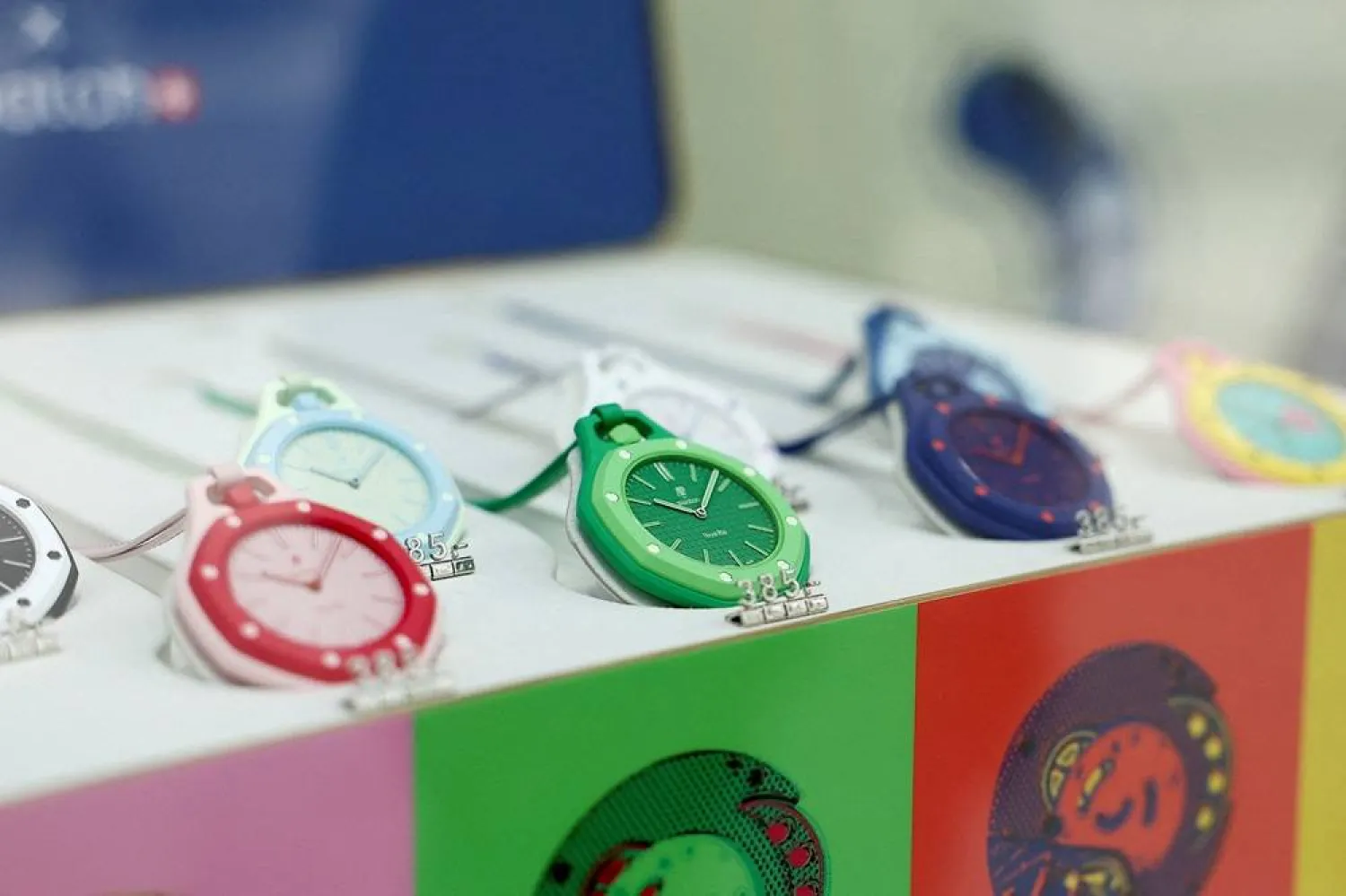 Watches from the limited-edition “Royal Pop” watch, a collaboration between Swiss watch maker Swatch and luxury brand Audemars Piguet, are displayed in the window of a Swatch store as they are currently out of stock in Paris, France, May 18, 2026. (Reuters) 