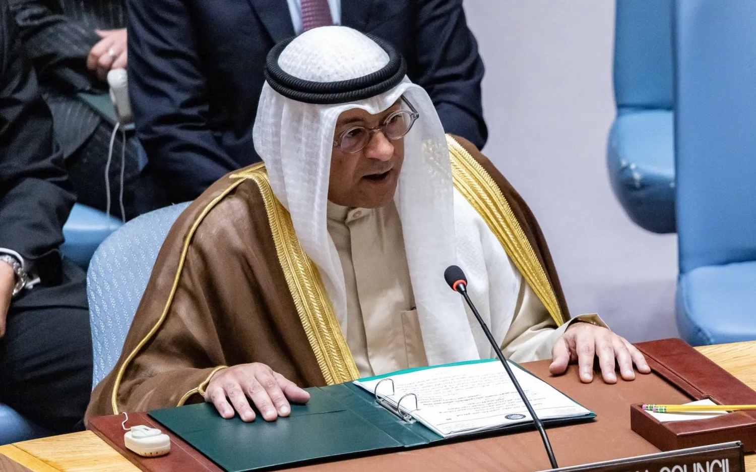 جاسم البديوي يلقي كلمته خلال المناقشة المفتوحة رفيعة المستوى لمجلس الأمن الدولي في نيويورك الأربعاء (مجلس التعاون)