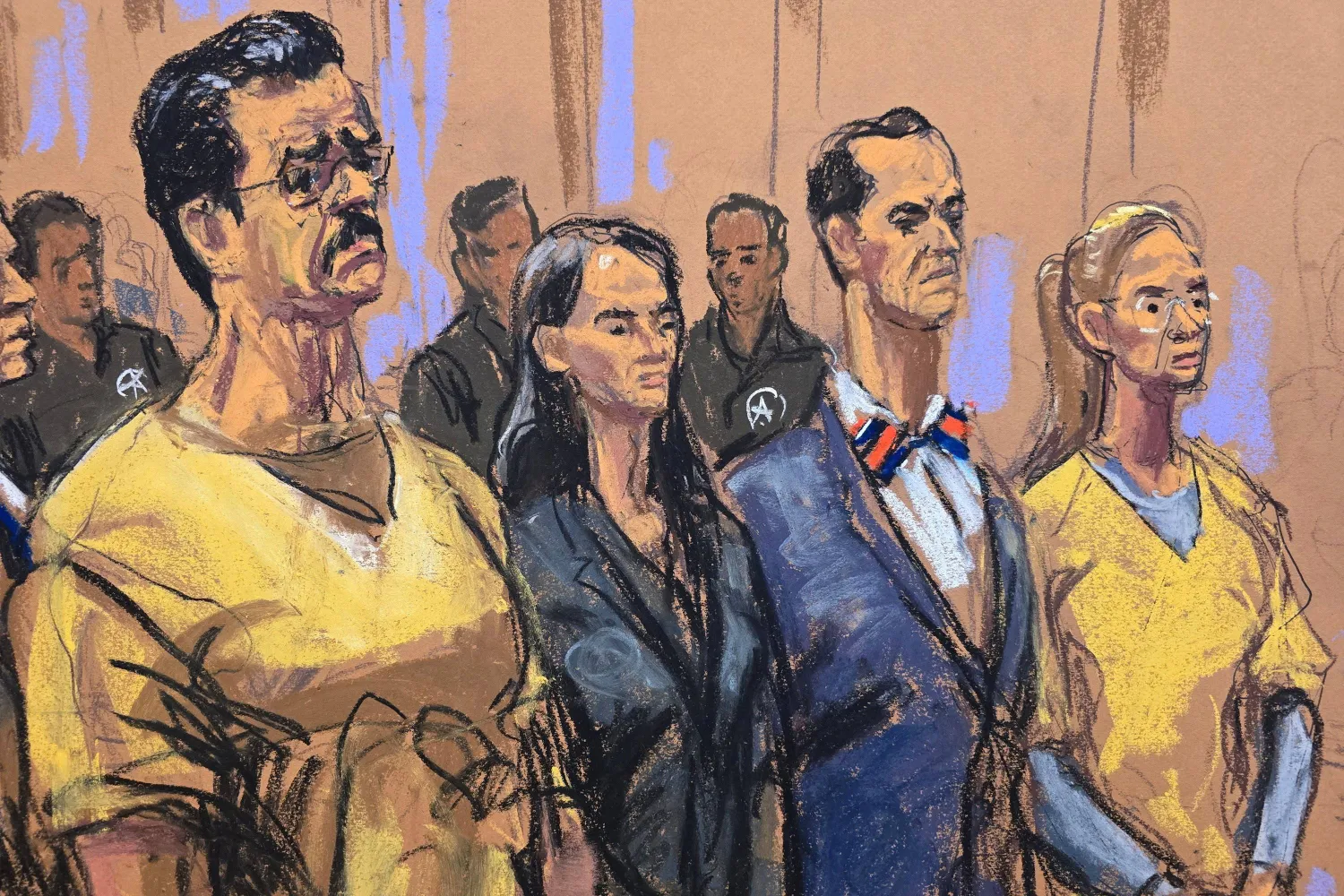 Ousted Venezuelan President Nicolas Maduro and his wife, Cilia Flores, stand with Maduro's lawyer Anna Estevao and Flores' lawyer, Mark Donnelly, at a hearing before US District Judge Alvin Hellerstein, who set a trial date of June 1, 2027 to face US drug trafficking charges at the Daniel Patrick Moynihan United States Court House in New York City, US, July 22, 2026 in this courtroom sketch. REUTERS/Jane Rosenberg