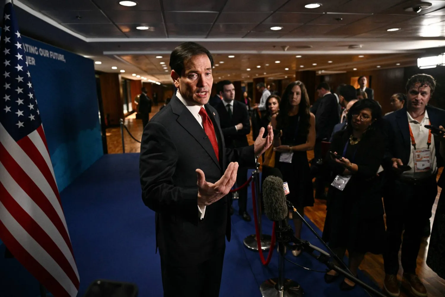US Secretary of State Marco Rubio speaks to the press on the sidelines of the Association of Southeast Asian Nations (ASEAN) Foreign Ministers Meeting in Pasay, Metro Manila on July 23, 2026. BRENDAN SMIALOWSKI/Pool via REUTERS