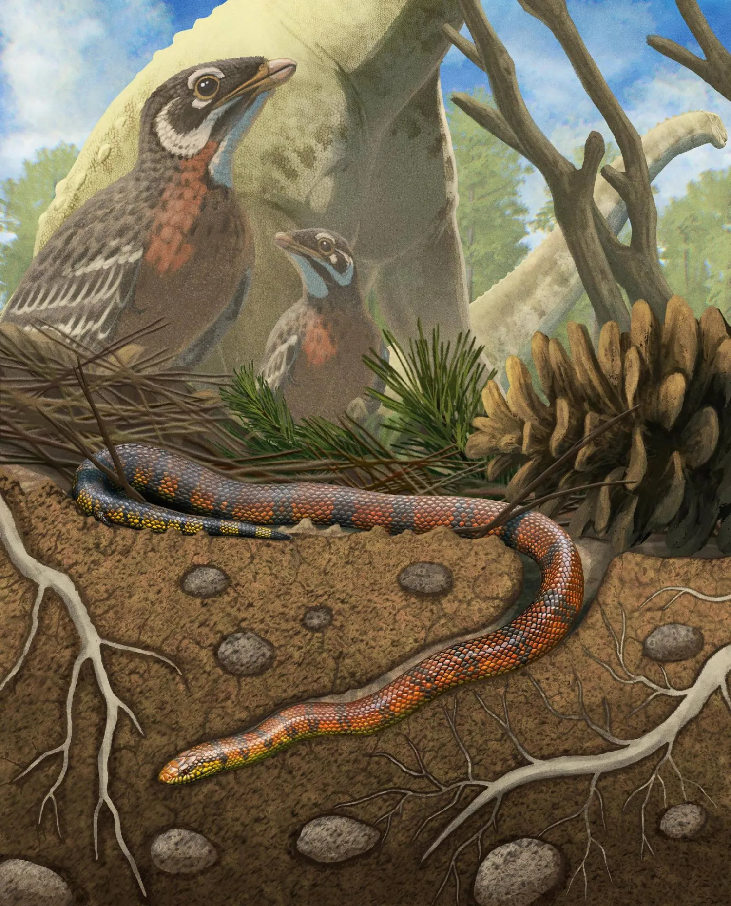 Life reconstruction of the Cretaceous Period burrowing snake Tametara mirim, shown against a background of long-necked sauropod dinosaurs and the bird Navaornis from the same locality in Brazil. The image was released on July 22, 2026. Gabriel Ugueto/Handout via REUTERS