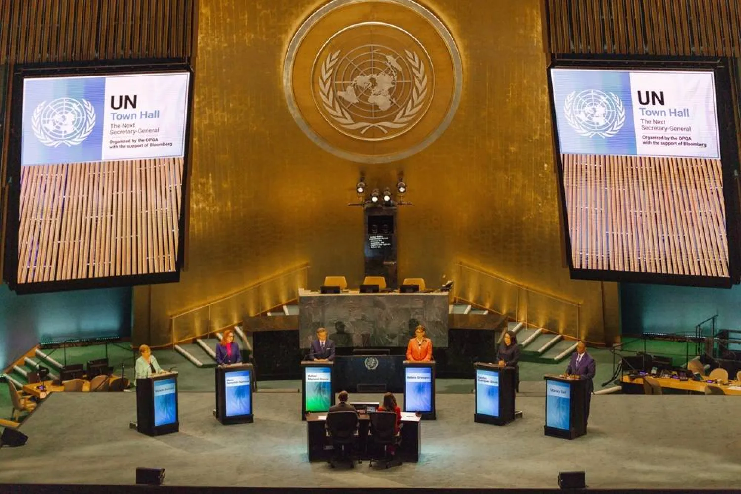 Candidates for the position of United Nations secretary-general (L-R) Michelle Bachelet Jeria, Maria Fernanda Espinosa Garces, Rafael Mariano Grossi, Rebeca Grynspan Mayufis, Carolyn Rodrigues Birkett and Macky Sall participate in the "UN Town Hall: The Next Secretary-General" in the General Assembly Hall at United Nations headquarters in New York, New York, USA, 23 July 2026. (EPA)