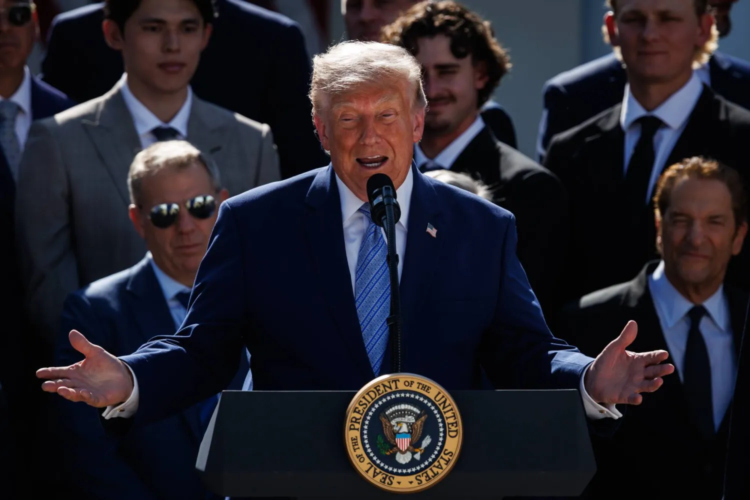 US President Donald Trump speaks during an event with the 2025 MLB World Series Champions the Los Angeles Dodgers in the Rose Garden at the White House in Washington, DC, USA, 23 July 2026. (EPA)