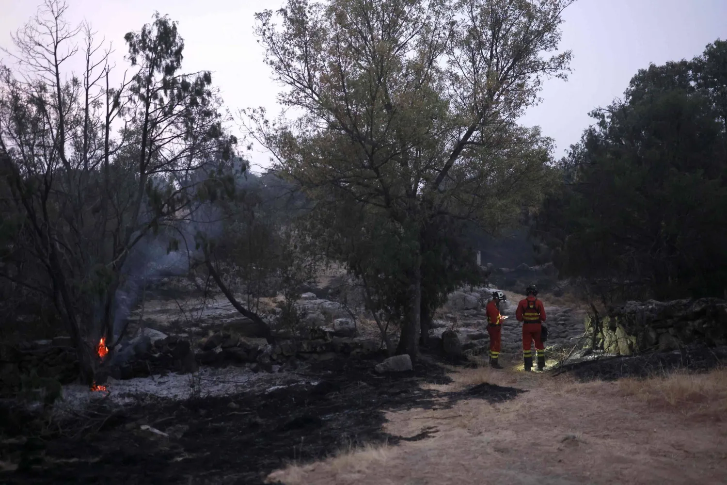 Firefighters battle a wildfire in Fresnedillas area, near El Escorial, 60 kms northwest of Madrid early on July 25, 2026. (AFP)