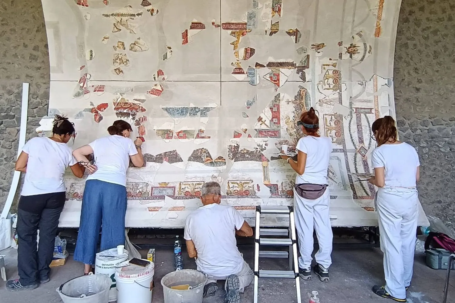 In this picture made available by the Archaeological Park of Pompeii, Friday, July 24, 2026, part of the restored ceiling of the Bakery House is displayed at the Pompeii Archaeological site. (Parco Archeologico di Pompei via AP) 