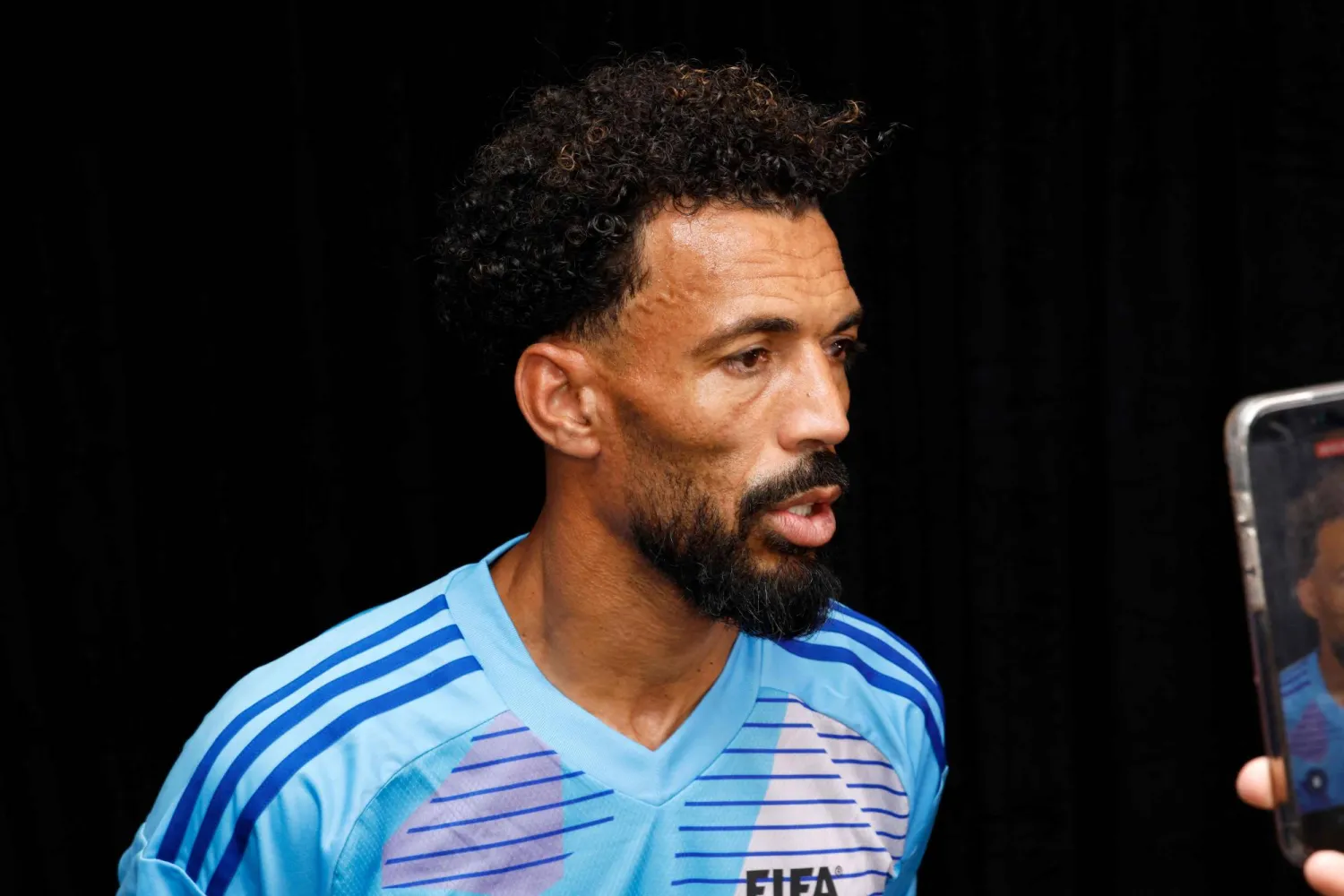 Cape Verdean goalkeeper Vozinha speaks to the media ahead of the Legends Cup of the 2026 World Cup football tournament at the Rockefeller Center in New York on July 17, 2026. (AFP)
