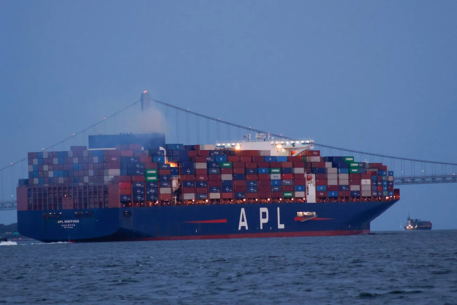 The APL Sentosa container ship departs from Port Liberty in Bayonne, New Jersey on July 24, 2026. (AFP)