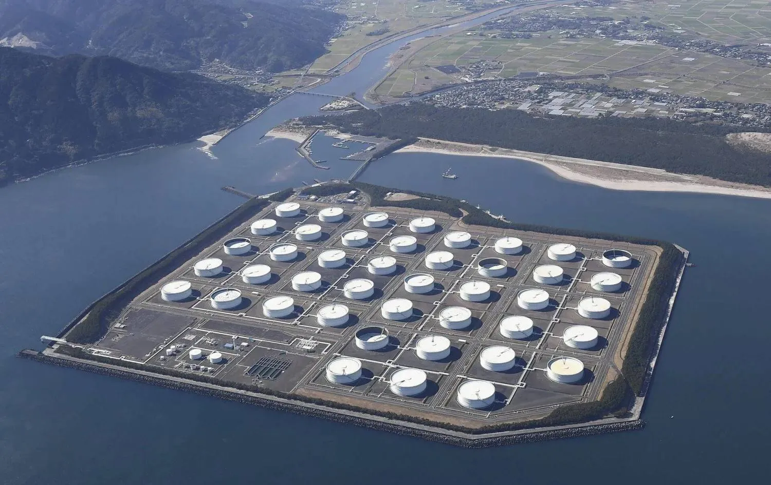An aerial view shows Shibushi National Petroleum Stockpiling Base in Kagoshima prefecture, Japan January 18, 2019, in this photo taken by Kyodo. Mandatory credit Kyodo/via REUTERS