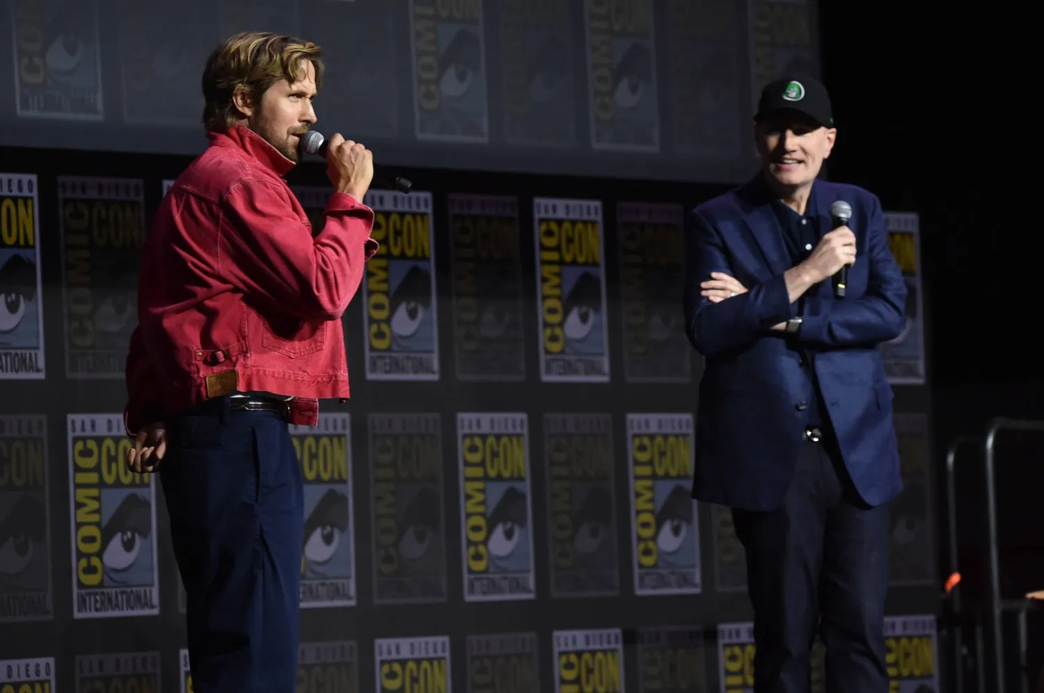 Ryan Gosling, left, and Kevin Feige attend a panel for Marvel Studios during Comic-Con International on Saturday, July 25, 2026, in San Diego. (Photo by Richard Shotwell/Invision/AP)
