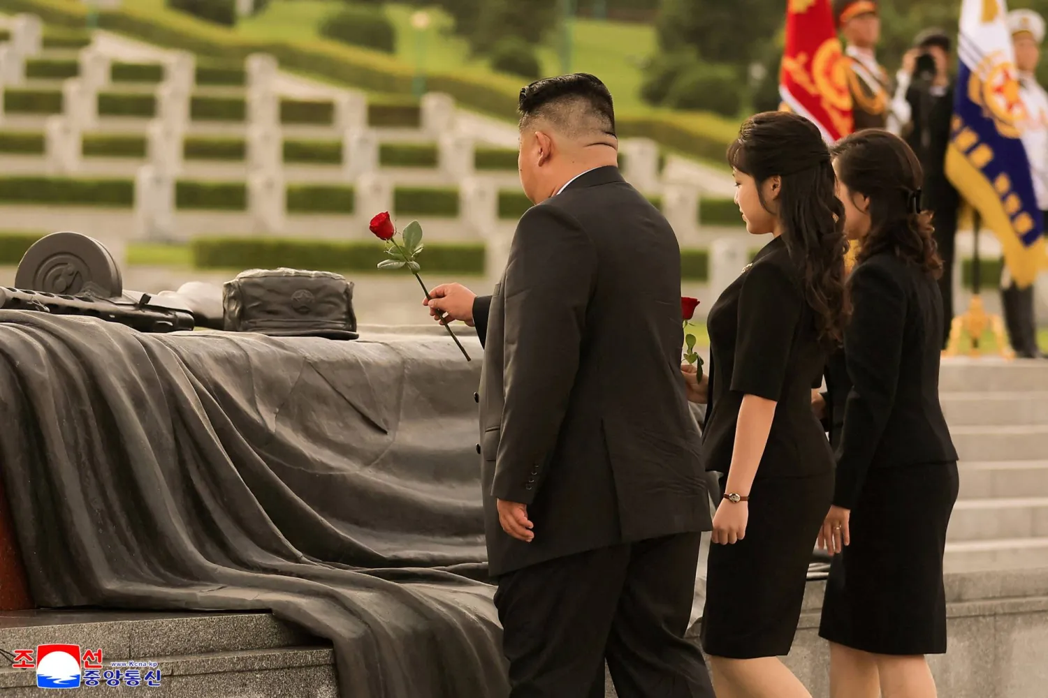North Korean leader Kim Jong Un, accompanied by his daughter Kim Ju Ae and his wife Ri Sol Ju, visits the Fatherland Liberation War Martyrs Cemetery ahead of the anniversary of the Korean War armistice, in Pyongyang, North Korea, July 26, 2026, in this photo released by North Korea's official Korean Central News Agency (KCNA) on July 27, 2026. KCNA via REUTERS