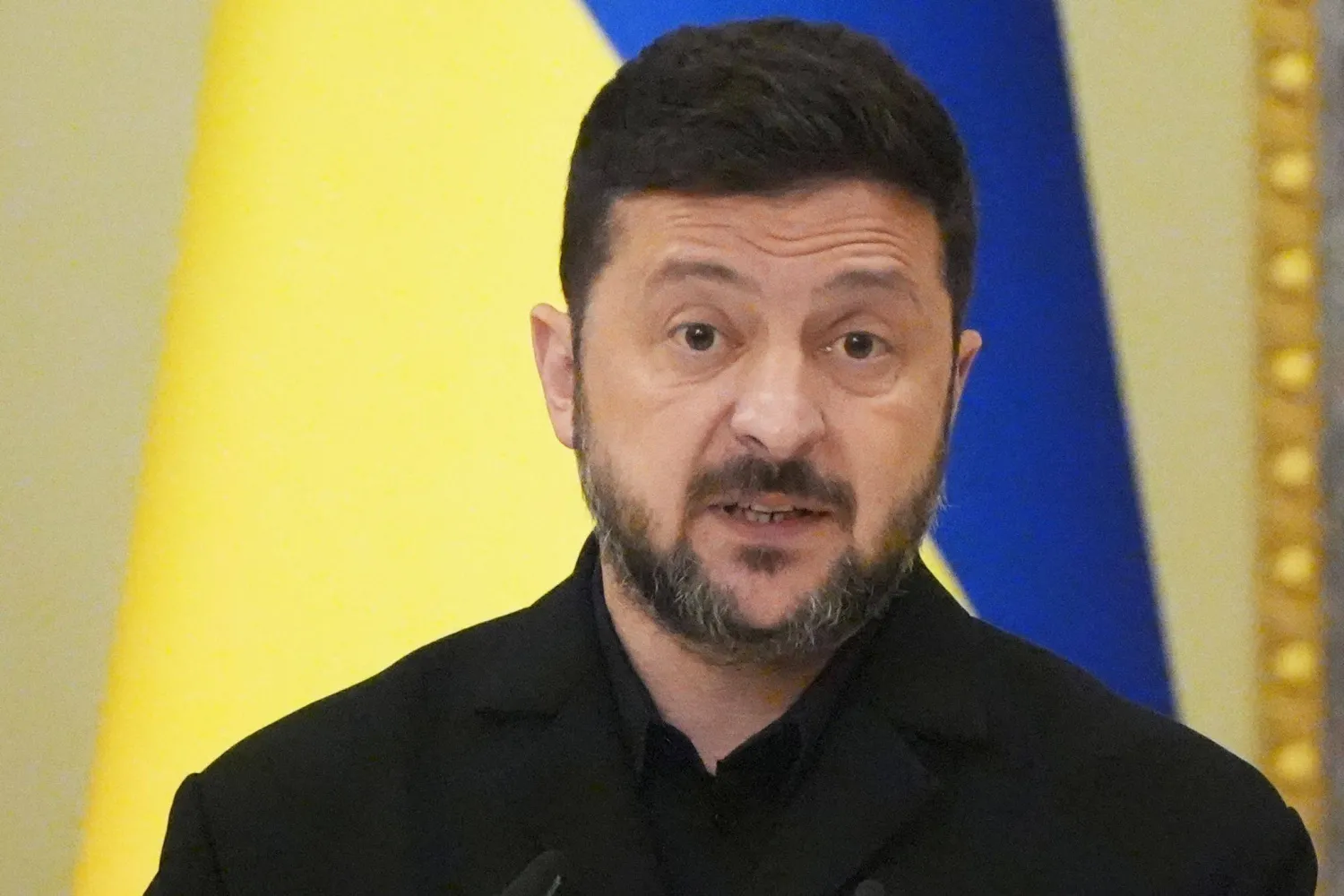 23 July 2026, Ukraine, Kiev: Ukrainian President Volodymyr Zelensky speaks during a press conference with Taoiseach Micheal Martin at the Presidential Palace in Kiev. Photo: Niall Carson/PA Wire/dpa