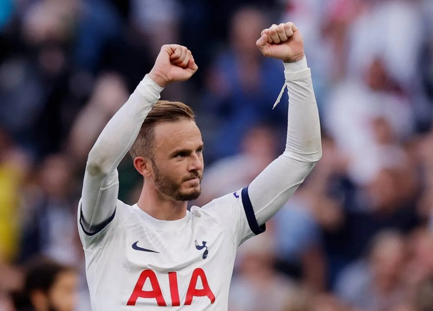 Football - Premier League - Tottenham Hotspur v Manchester United - Tottenham Hotspur Stadium, London, Britain - August 19, 2023 Tottenham Hotspur's James Maddison celebrates after the match. (Action Images via Reuters)