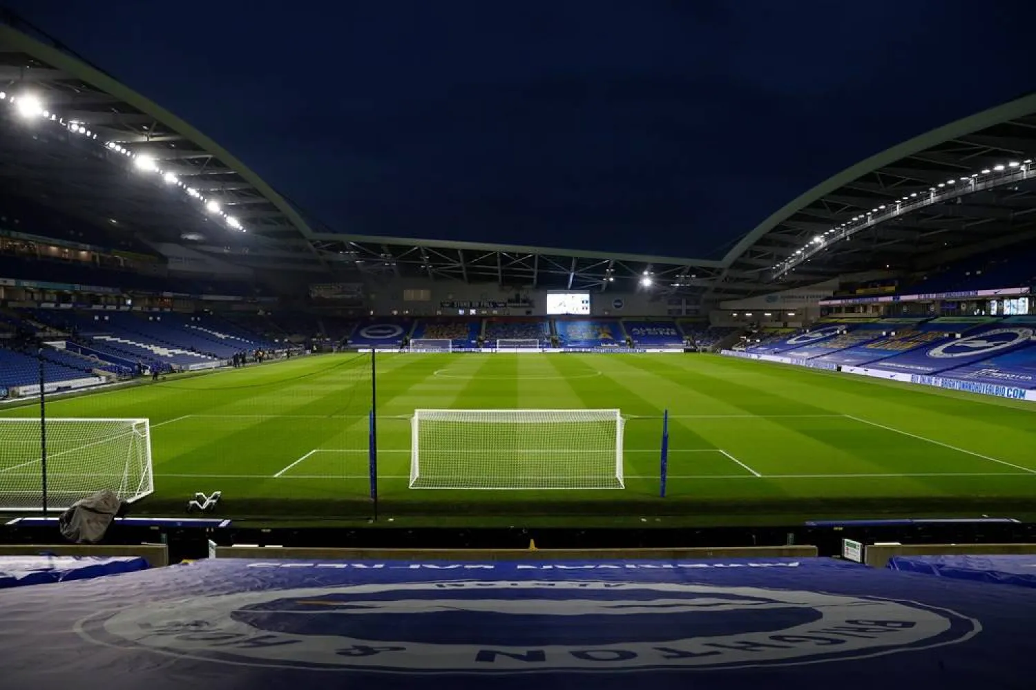 A general view of the Falmer stadium before the English Premier League football match between Brighton and Hove Albion and Newcastle United in Brighton, England, Saturday, March 20, 2021. (AP)
