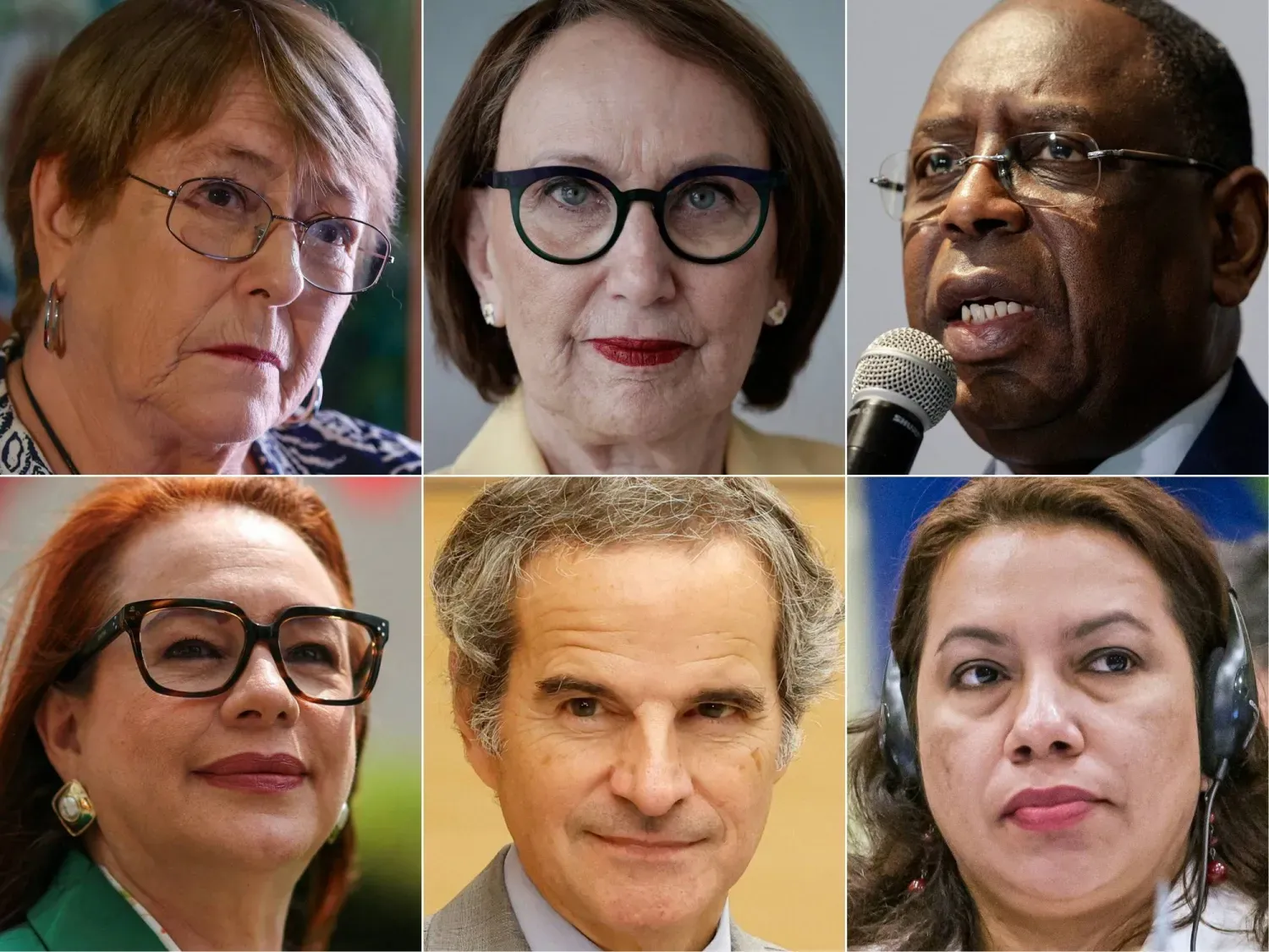  (soldan sağa) Şili’nin eski Devlet Başkanı Michelle Bachelet, Kosta Rikalı ekonomi uzmanı Rebeca Grynspan, Senegal’in eski Cumhurbaşkanı Macky Sall, Ekvador’un eski Dışişleri Bakanı Maria Fernanda Espinosa, Uluslararası Atom Enerjisi Ajansı (UAEA) Genel Direktörü Rafael Grossi ve Guyana’nın eski Dışişleri Bakanı Carolyn Rodrigues Birkett (AFP)