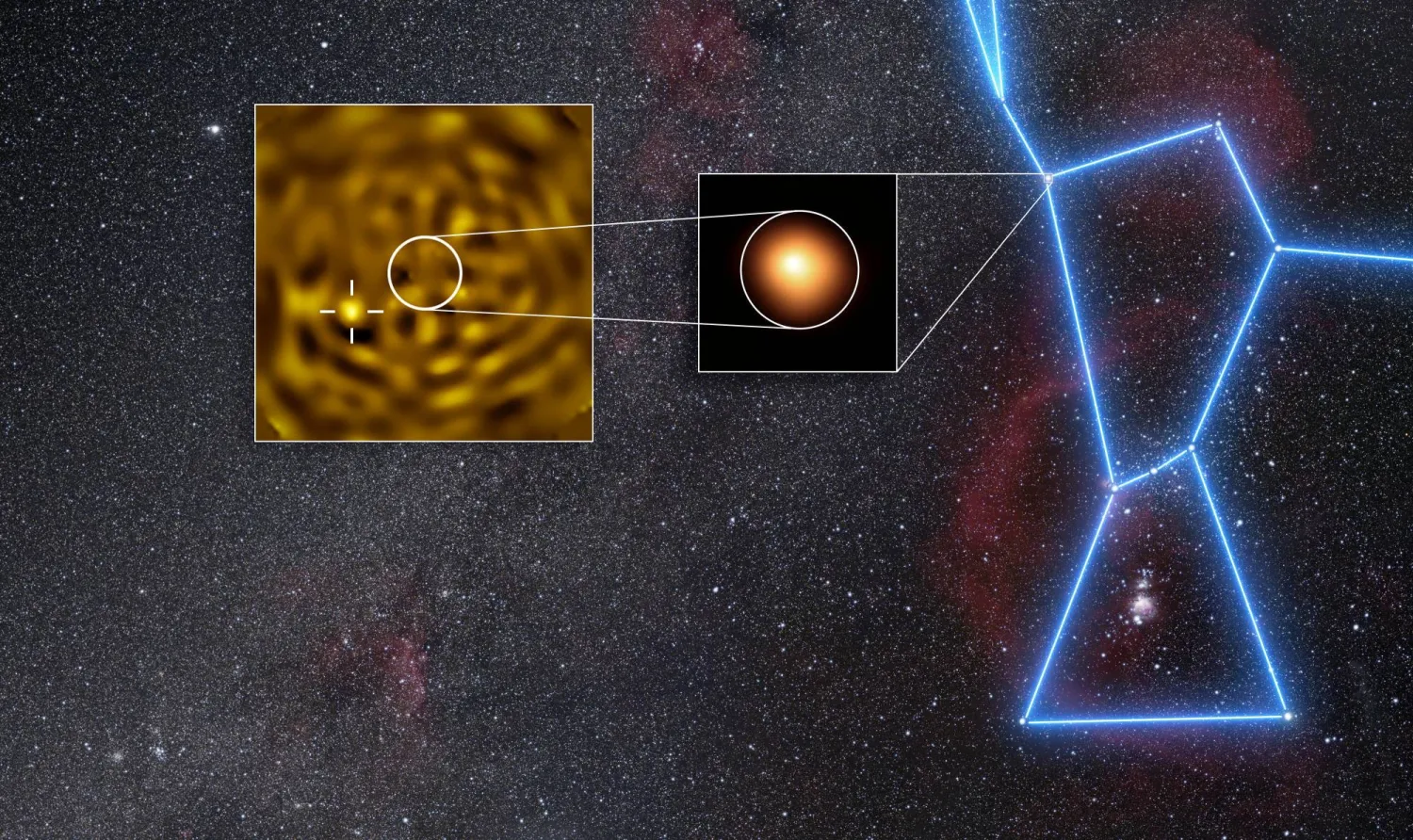 A handout combination of images, obtained using the European Southern Observatory's Very Large Telescope (VLT), shows the clearest image ever of what likely is Betelgeuse B, a star orbiting Betelgeuse. The image in the middle inset was taken in January 2019 with the SPHERE instrument at the European Southern Observatory’s Very Large Telescope, and shows Betelgeuse itself. The image in the inset on the left was taken in December 2024, when the companion was predicted to be furthest apart from Betelgeuse as seen from Earth. In this inset Betelgeuse has been removed, revealing a source (marked with a crosshair) consistent with being the companion. The image was released on July 28, 2026. ESO/M. Montargès et al. Background: N. Rissinger/Handout via REUTERS 