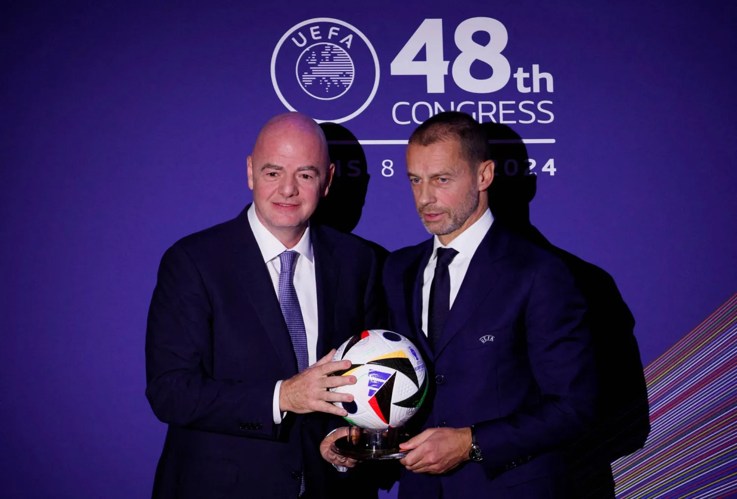 Football - UEFA Congress - Maison de la Mutualite, Paris, France - February 8, 2024 FIFA President Gianni Infantino and UEFA President Aleksander Ceferin during the UEFA Congress. (Reuters)