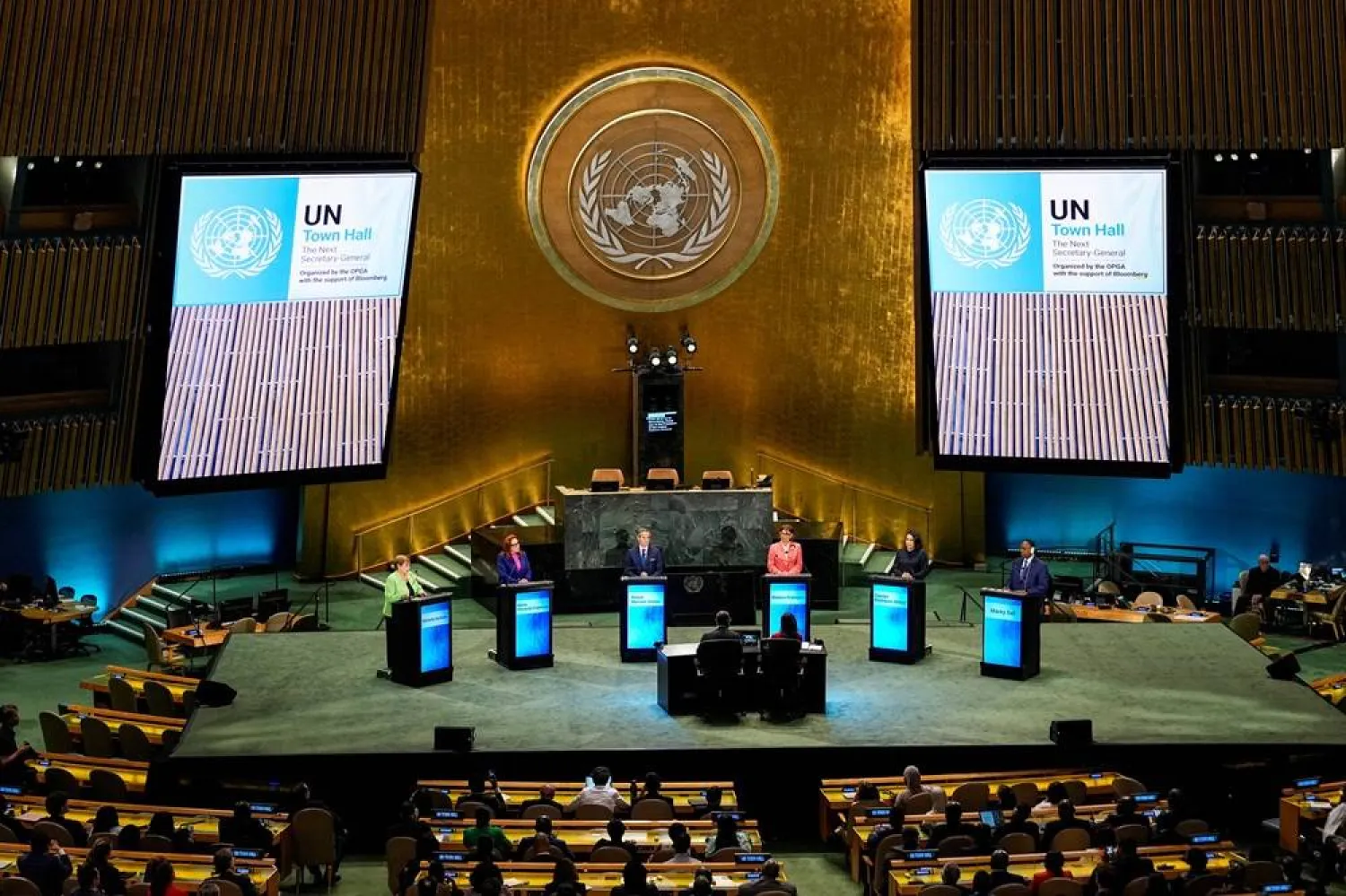Candidates for the position of United Nations secretary-general, Michelle Bachelet, Maria Fernanda Espinosa Garces, Rafael Mariano Grossi, Rebeca Grynspan Mayufis, Carolyn Rodrigues Birkett and Macky Sall participate in the "UN Town Hall: The Next Secretary-General" event at United Nations headquarters in New York City, US, July 23, 2026. (Reuters)