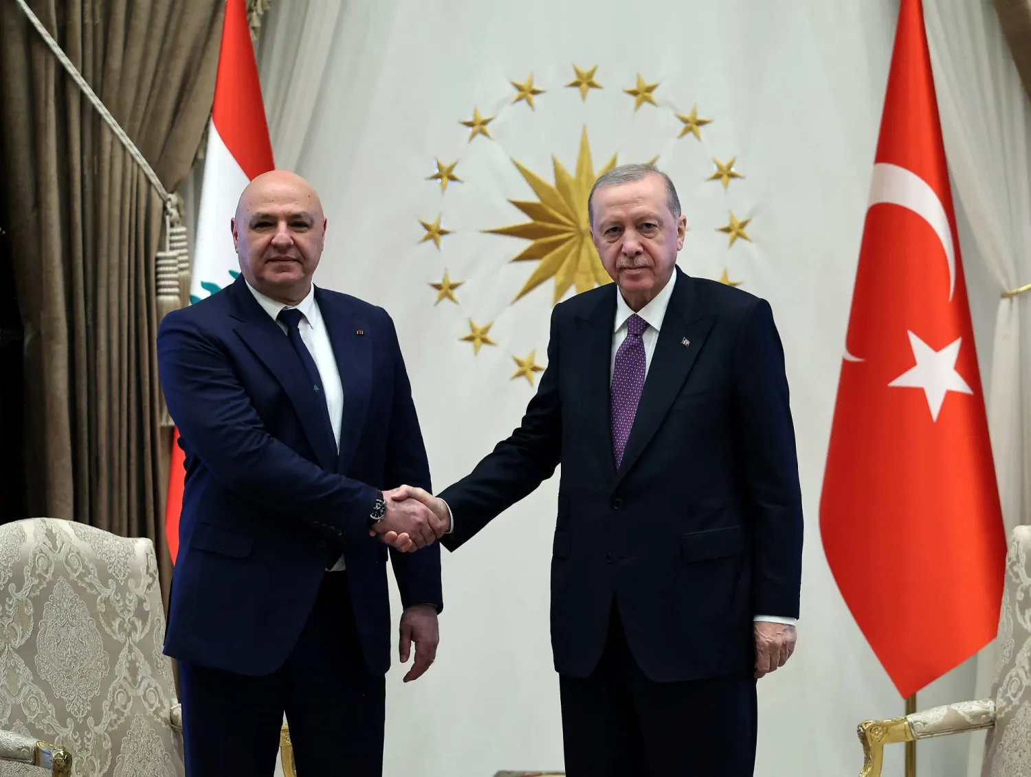 Turkish President Recep Tayyip Erdogan shakes hands with Lebanese President Joseph Aoun during their meeting at the presidential palace in Ankara, Türkiye, July 30, 2026. (Murat Cetinmuhurdar/Turkish Presidential Press Office/Handout via Reuters) 