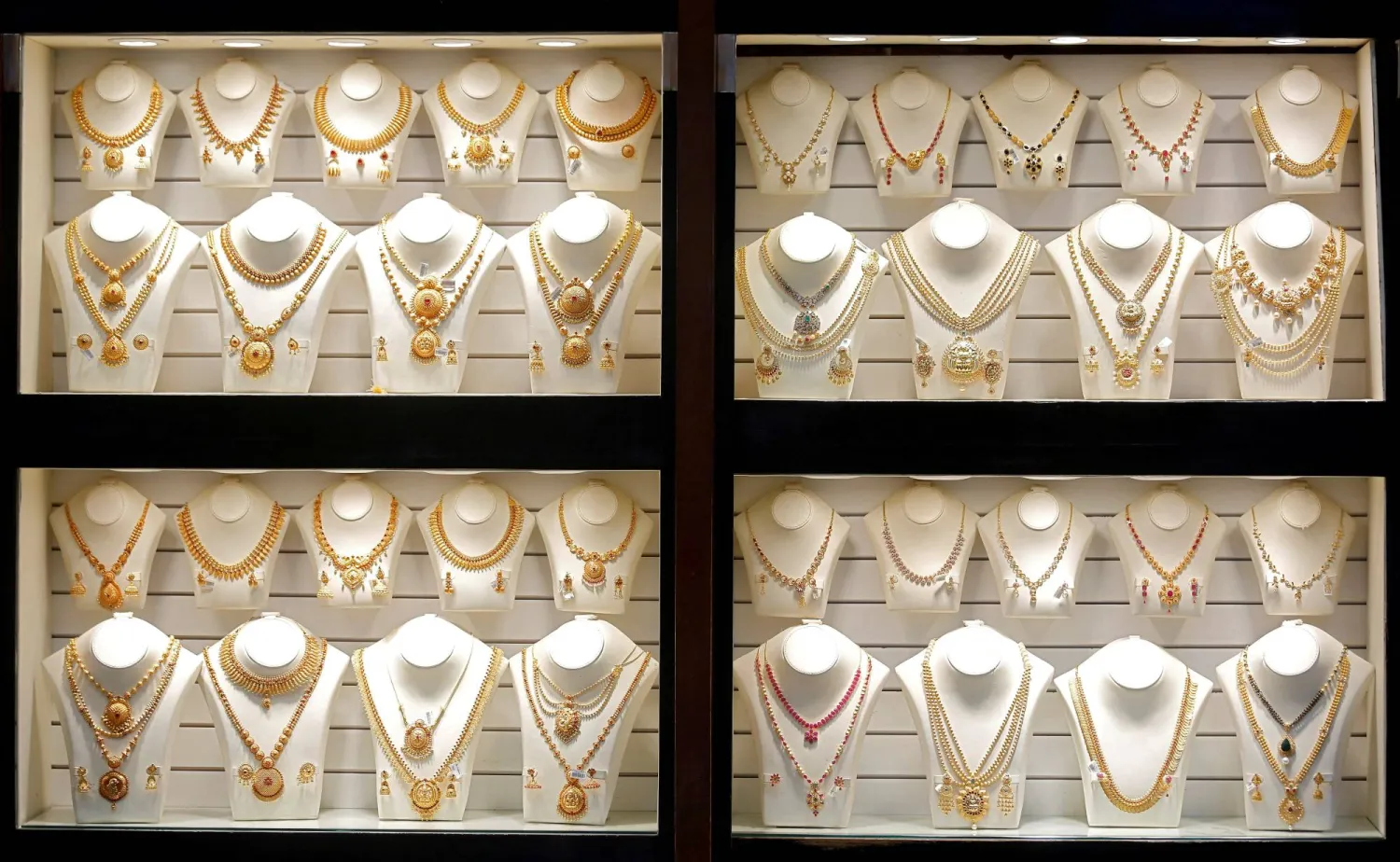 FILE PHOTO: Gold necklaces are on display inside a jewellery showroom on the occasion of Akshaya Tritiya, a major gold buying festival, in Mumbai, India April 18, 2018. REUTERS/Francis Mascarenhas/File Photo