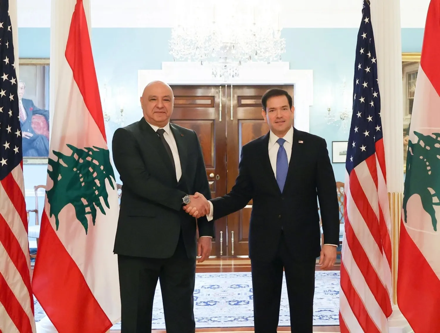 US Secretary of State Marco Rubio shakes hands with Lebanese President Joseph Aoun during a meeting at the US State Department in Washington on Sunday, July 19, 2026. (Lebanese Presidency on X) 
