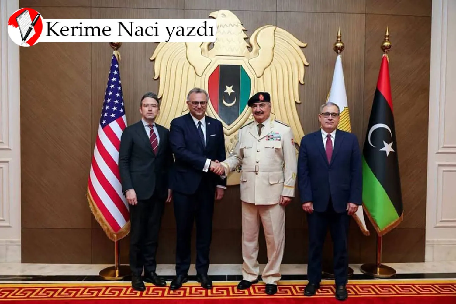 ABD Başkanı Donald Trump'ın Arap ve Afrika İşlerinden Sorumlu Kıdemli Danışmanı Massad Boulos, ABD heyetiyle birlikte Mareşal Halife Hafter’in yanında (Libya Silahlı Kuvvetleri Komutanlığı Basın Ofisi) 