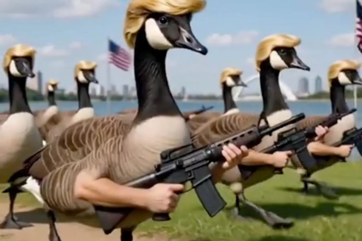 Başkan Donald Trump, kaslı ve saçları geriye taranmış "Donald Duck"lardan oluşan bir ordunun "Amerika Gölü"nde devriye gezmesini gösteren ve yapay zekayla oluşturulduğu düşünülen videoyu cumartesi paylaştı (Truth Social/@RealDonaldTrump)