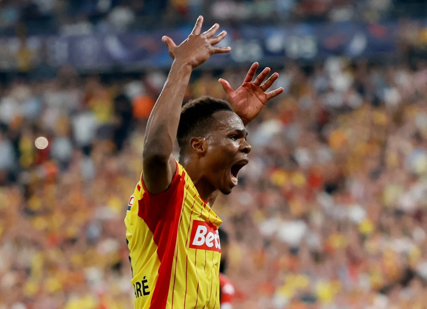 FILE PHOTO: Soccer Football - Coupe de France - Final - RC Lens v OGC Nice - Stade de France, Saint Denis, France - May 22, 2026 RC Lens' Mamadou Sangare reacts REUTERS/Stephanie Lecocq/File Photo