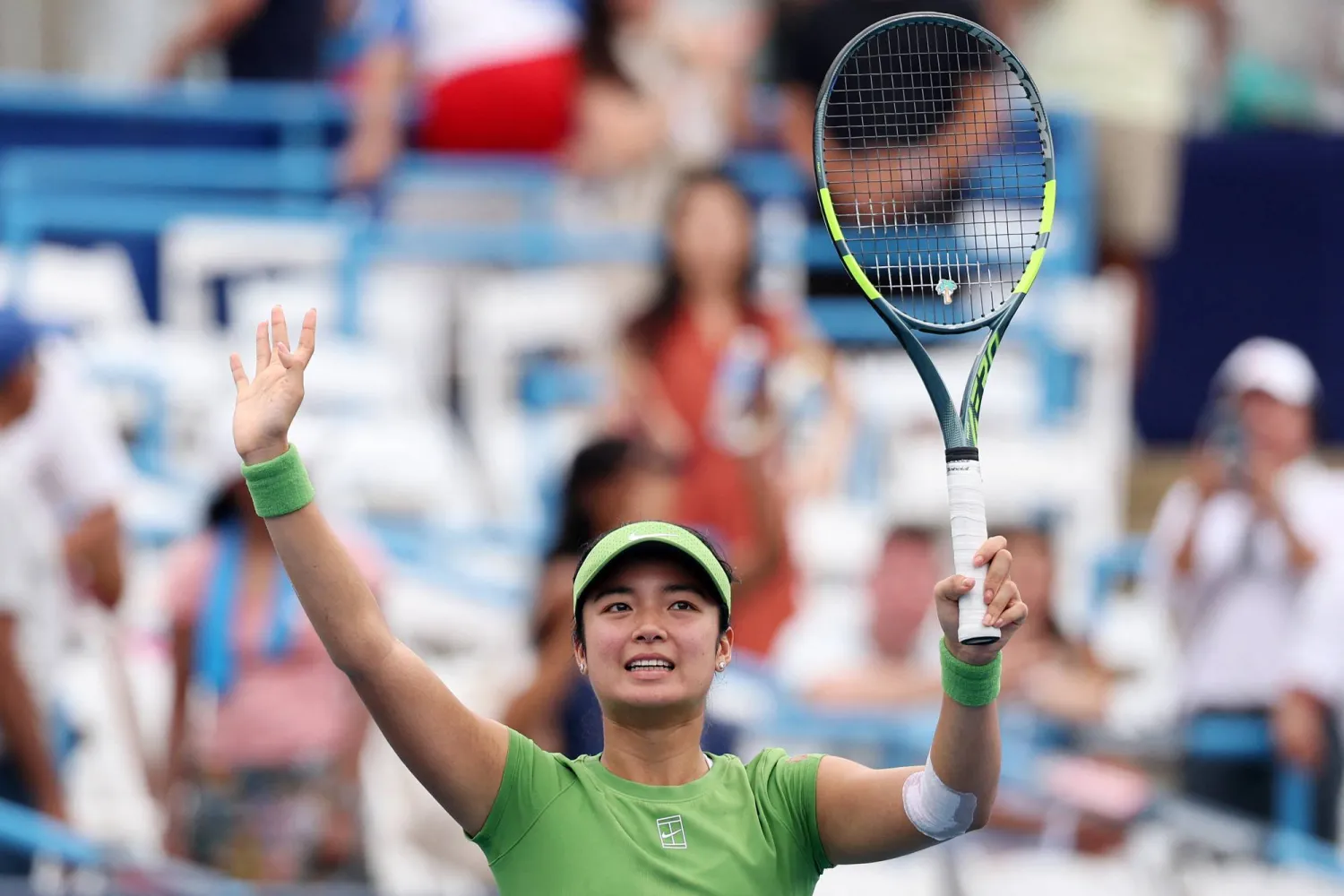 Alexandra Eala of the Philippines celebrates after winning a women's singles match against Naomi Osaka of Japan on day six of the Mubadala DC Open 2026 at William H.G. FitzGerald Tennis Center on August 01, 2026 in Washington, DC. (Getty Images/AFP)