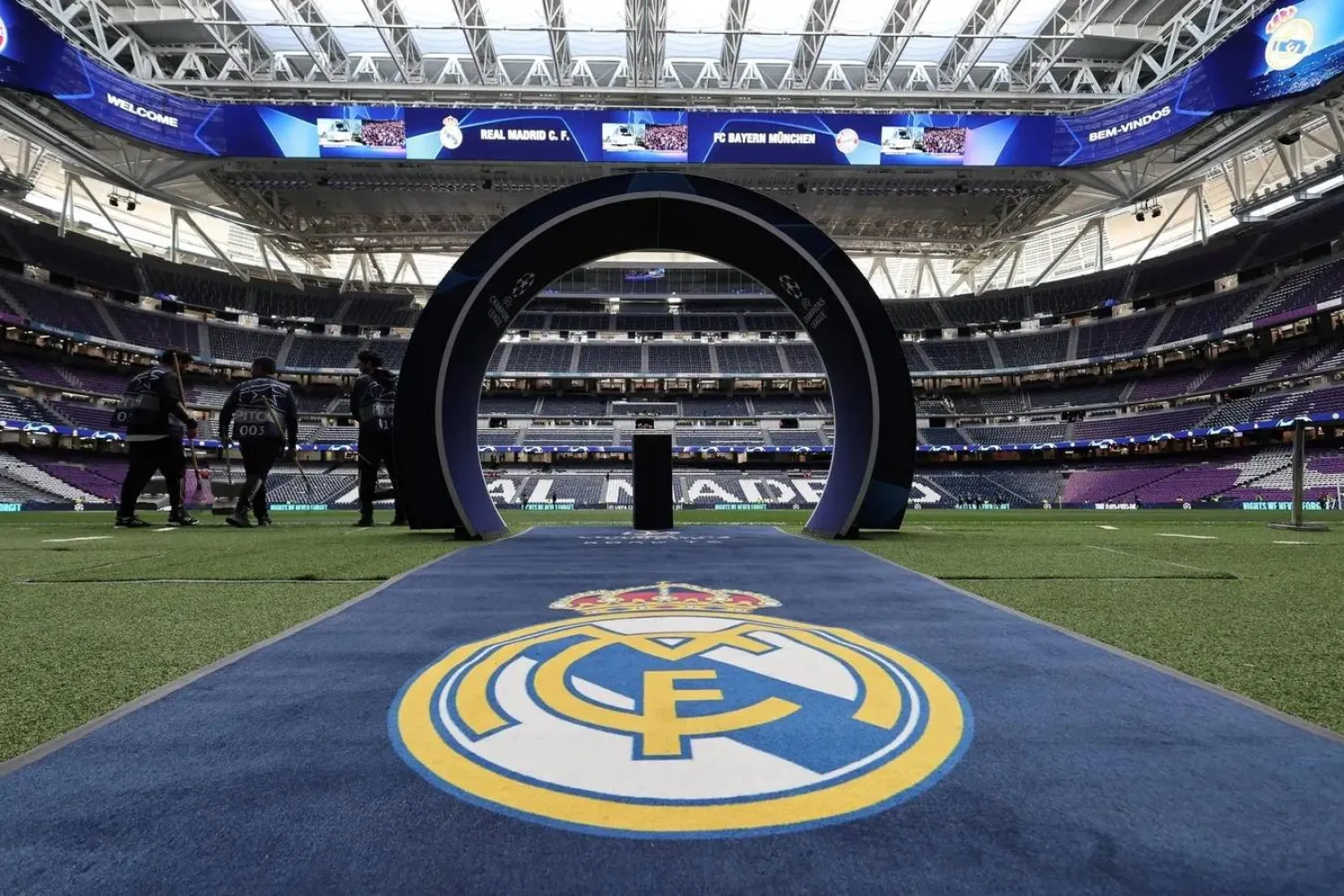 A carpet with a print of Real Madrid's badge is seen ahead of the UEFA Champions League semi final second leg football match between Real Madrid CF and FC Bayern Munich at the Santiago Bernabeu stadium in Madrid on May 8, 2024. (AFP via Getty Images)