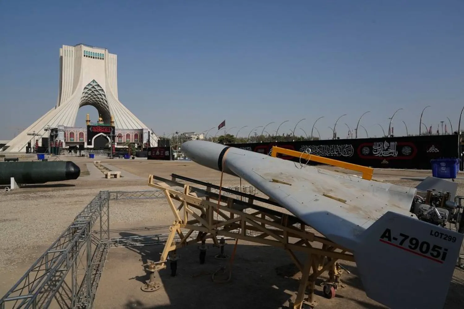 A drone is displayed by the Iranian armed forces in a temporary exhibition in front of the Azadi (Freedom) monument in Tehran, Iran, Wednesday, July 29, 2026. (AP)