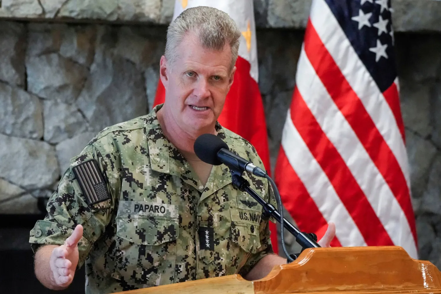 US Indo-Pacific Command Commander, Admiral Samuel Paparo, gestures during a press conference at the Philippine Military Academy in Baguio, northern Philippines, Aug. 29, 2024. (AP)